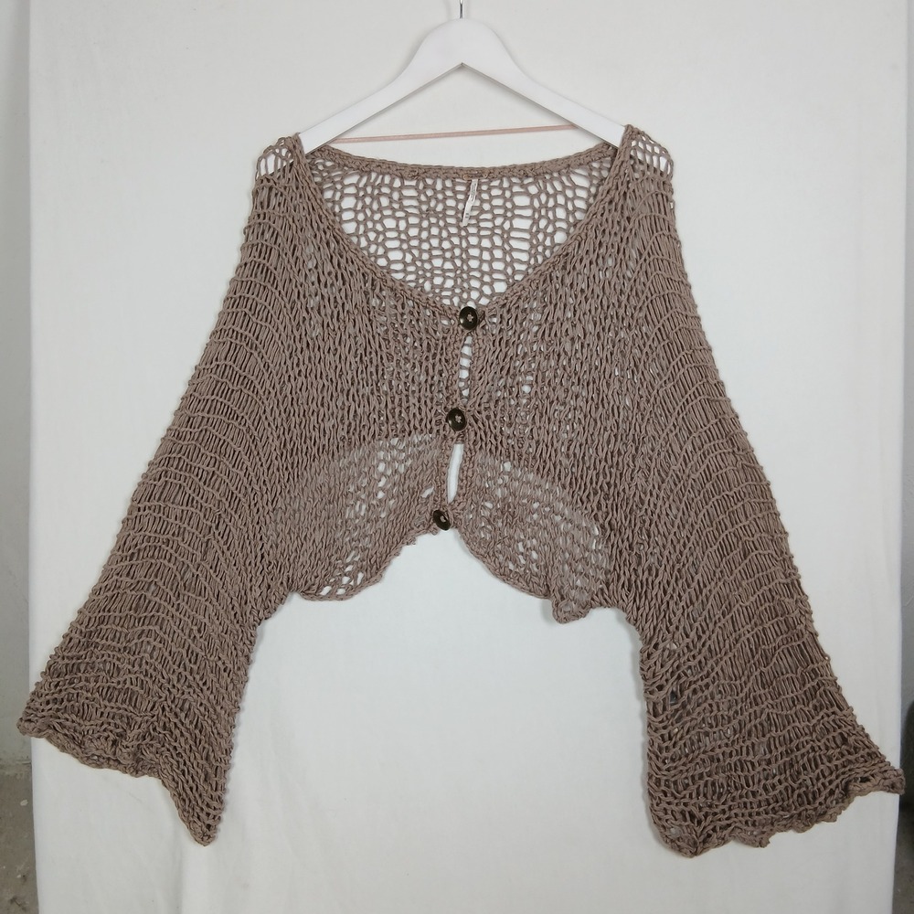 Free People Open Knit Cropped Cardigan Taupe Linen Blend Bell Sleeve M/L